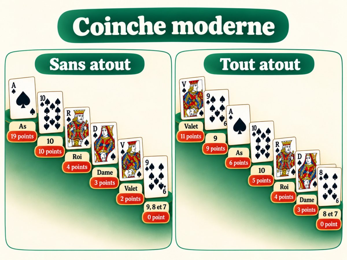 Barème de la coinche : à sans atout l'as vaut 19, le dix 10, le roi 4, la dame 3, le valet 2 ; à tout atout le valet vaut 11, le neuf 9, l'as 6, le dix 5, le roi 4 et la dame 3.