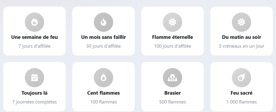 Les huit badges des flammes : Une semaine de feu, Un mois sans faillir, Flamme éternelle, Du matin au soir, Toujours là, Cent flammes, Brasier et Feu sacré.
